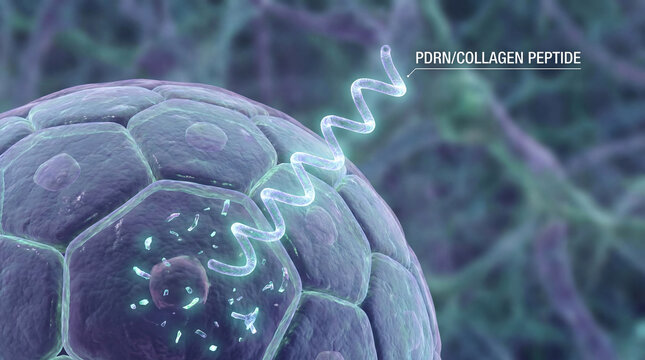 Collagen peptide concept in skin layer cross section, 3D cosmetic science illustration