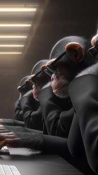 A group of stylishly dressed monkeys wearing sunglasses appears focused at their computer desks, typifying a humorous take on professionalism and teamwork in a fun setting.