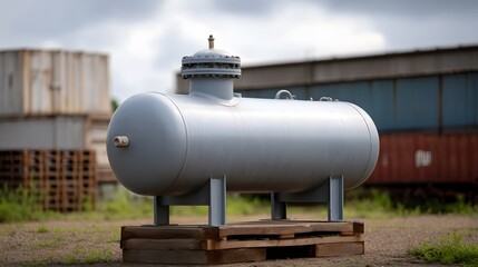 A large grey industrial pressure tank rests on a wooden pallet in an outdoor storage yard under a cloudy sky