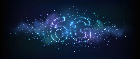 Obraz premium Futuristic 6G connectivity concept with glowing blue particle constellation typography. Space satellite network, galaxy internet speed, and digital star technology background