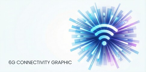 Obraz premium Futuristic 6G connectivity graphic concept with glowing Wi-Fi symbol and blue light speed burst explosion. High speed internet signal, wireless broadband power, and digital energy background