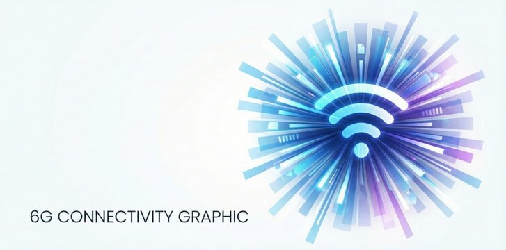 Futuristic 6G connectivity graphic concept with glowing Wi-Fi symbol and blue light speed burst explosion. High speed internet signal, wireless broadband power, and digital energy background
