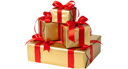 Obraz premium Stack of luxurious gold gift boxes tied with vibrant red ribbons, ideal for holidays and special occasions. with transparent background