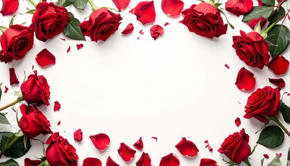 Red roses and petals border, blank white center, romantic frame, Valentine&rsquo;s Day or wedding theme