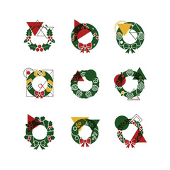 Set of 9 Geometric Christmas Wreaths with Festive Decorations and Bows