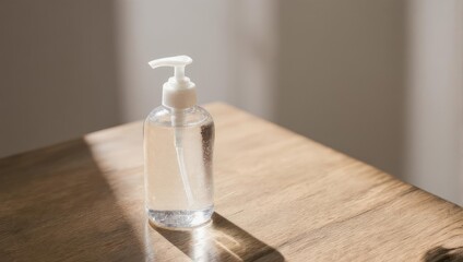 Clear liquid sanitizer in a dispenser bottle on a wooden surface, lit by sunlight