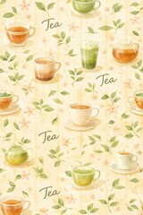 Watercolor tea cups and leaves seamless pattern