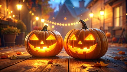 Glowing jack-o'-lanterns on wood, warm ambient light, autumn leaves, cozy Halloween indoor decor