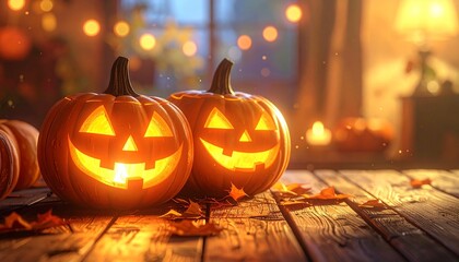 Glowing jack-o'-lanterns on wood, warm ambient light, autumn leaves, cozy Halloween indoor decor