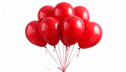 Cluster of red balloons, glossy finish, white background, celebration theme, festive decoration, tied strings