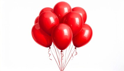 Cluster of red balloons, glossy finish, white background, celebration theme, festive decoration, tied strings