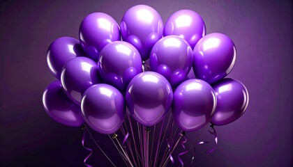 Cluster of purple balloons, glossy texture, white background, festive decor, celebration theme, curled strings