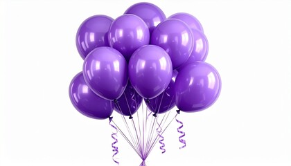 Cluster of purple balloons, glossy texture, white background, festive decor, celebration theme, curled strings