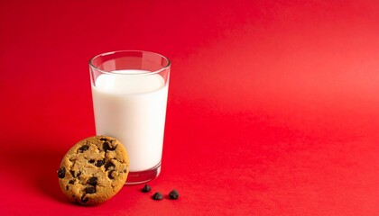 Glass of milk with cookie, chocolate chips scattered, red background, comfort food still life