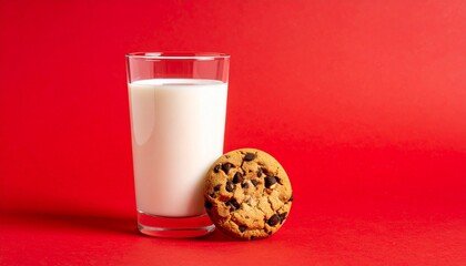 Glass of milk with cookie, chocolate chips scattered, red background, comfort food still life
