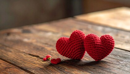 Knitted red hearts on wood, sunset bokeh background, warm light, love and connection theme