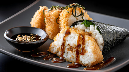 Delicious sushi rolls with crispy tempura, garnished with seaweed and sesame seeds, served with a dipping sauce.