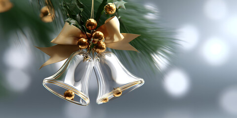 Fototapeta premium Elegant Christmas bells adorned with golden decorations, surrounded by festive greenery, creating a joyful holiday atmosphere.