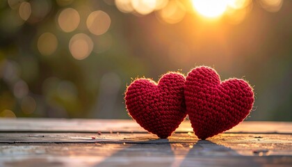 Knitted red hearts on wood, sunset bokeh background, warm light, love and connection theme