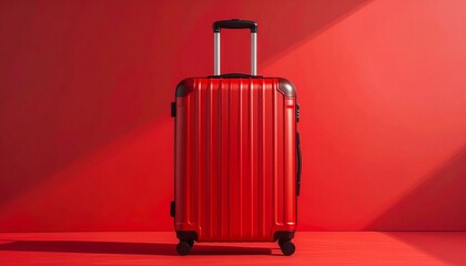 Red hard-shell suitcase upright, ribbed design, telescopic handle, monochrome background, travel gear close-up