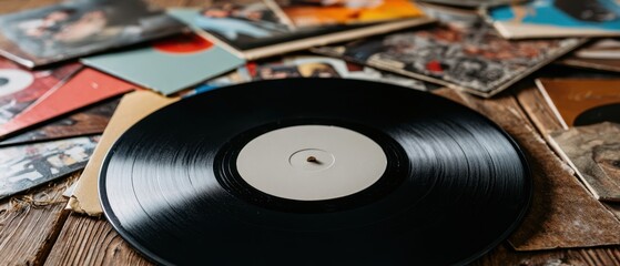 Fototapeta premium The Vinyl Record Resting Among Vintage Album Covers on a Wooden Table