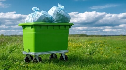 Fototapeta premium Green trash bin on wheels with bags in grassy field under cloudy sky.
