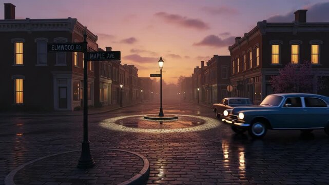 Dusk scene of a historic town intersection featuring a classic car, streetlights, and brick roads