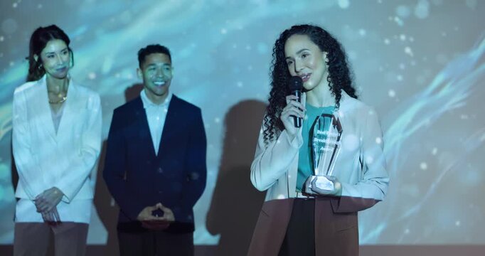 Business woman, speech and award at conference, stage and accept prize for performance at company. People, speaker and employees with applause, trophy and recognition with mic for success in career
