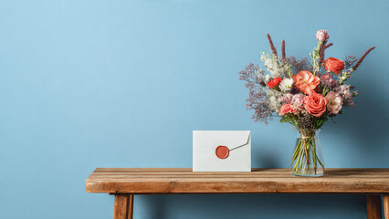 Bouquet and envelope with wax seal on bench against blue wall