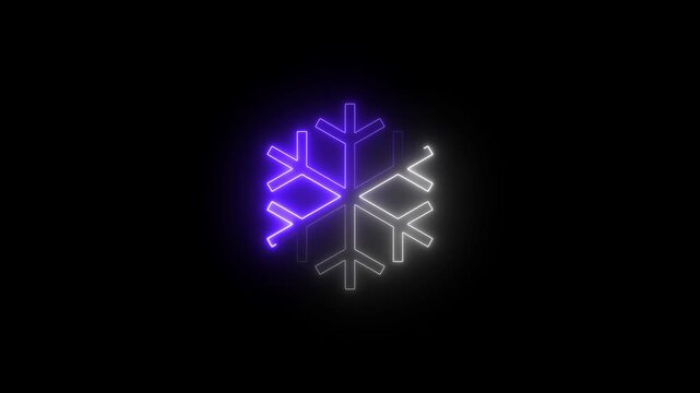 Neon snowflake icon animation on black background, 4k video