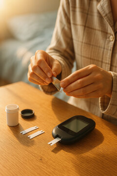 Person opening test strip foil in morning light with glucose meter and test strips on wooden table for diabetes care