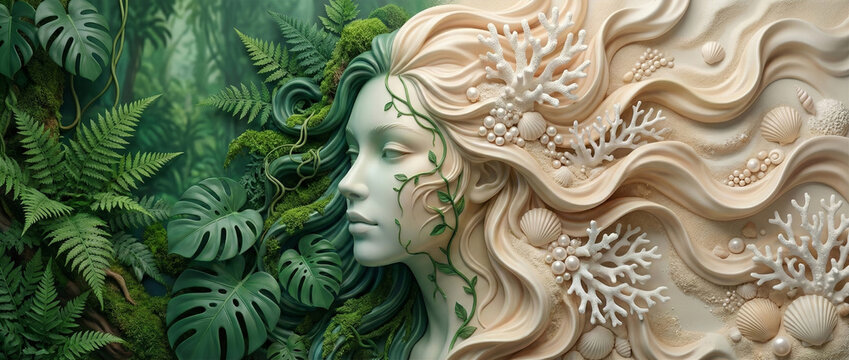 Surreal Bas-Relief Portrait of Mother Nature Merging Jungle and Coral Reef Ecosystems