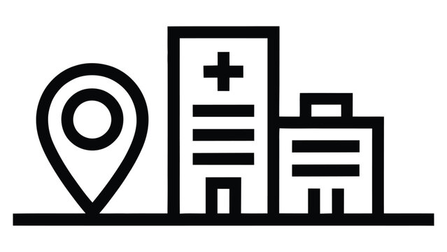 Hospital location icon with medical building and map pin symbol in minimal outline style representing healthcare services and emergency facility concept