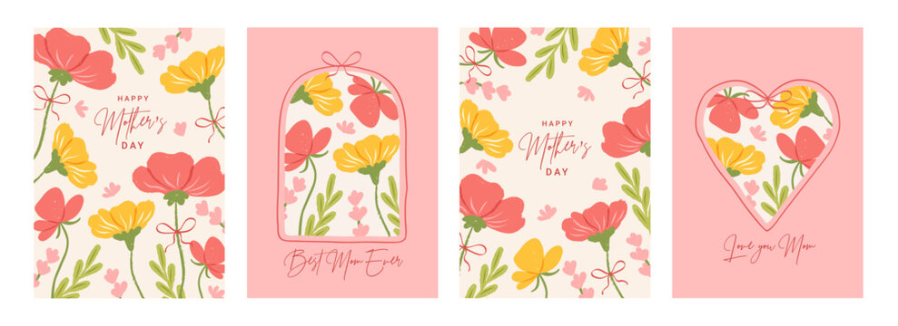 Happy Mother's Day card coquette set. Hand drawn beautiful flowers with bow, spring red and pink floral cute design. Whimsical frames with bows. Perfect for poster, banner. Vector illustration.