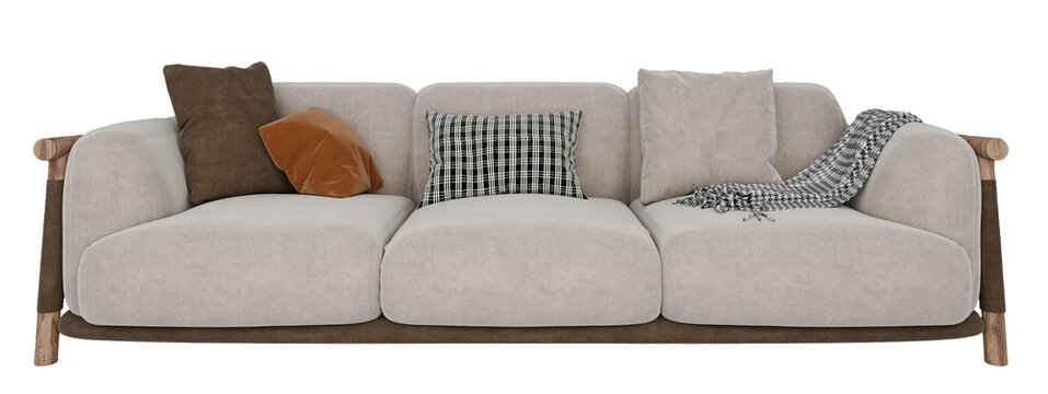 Interior furniture set 3D render. Front view of a modern cream-colored three-seater sofa with a curved wooden frame, decorative accent pillows, and a houndstooth patterned throw blanket isolated