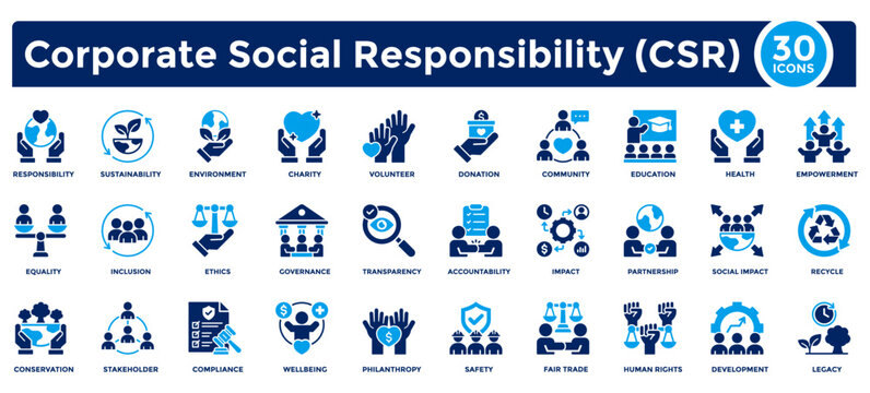 Corporate Social Responsibility (CSR) icon collection set. Containing responsibility, environment, community, conservation, impact, education, health, legacy icon. Simple flat vector illustration.