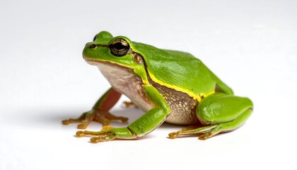 Obraz premium A vibrant green tree frog sits poised on a clean white background, showcasing its detailed skin texture and bright eyes.