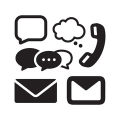 Black Communication Icon Set Featuring Speech Bubbles Envelopes and Phone Handset.