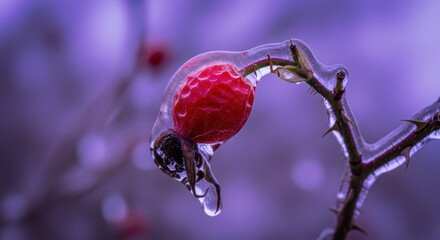 Vibrant Rosehip Encased in Winter Ice
