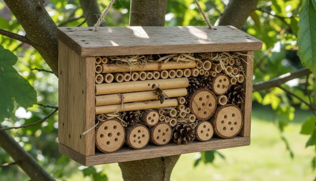Wooden insect hotel hanging on a tree branch with a bee resting on the bamboo tubes in summer.