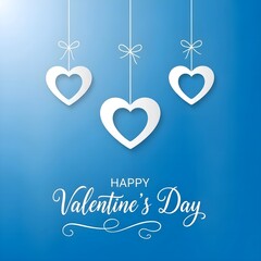 Valentine Paper Craft: Hanging white paper cut hearts with bows on blue gradient background, minimalist holiday greeting, clean aesthetic and romantic celebration concept