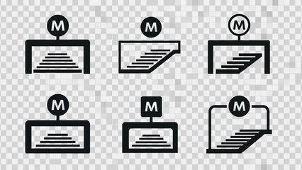 Set of Metro Subway Entrance Signs with 'M' Symbol and Stairs Icons