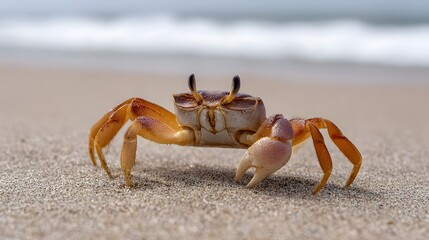 A curious orange crab stands on a sandy beach with gentle ocean waves in the background