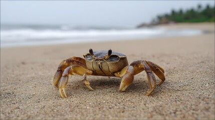 A close up view of a sandy brown crab standing on a wet beach with the ocean waves in the background