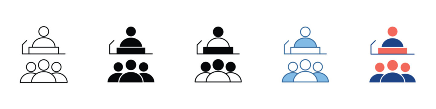Collection of versatile presentation icons featuring a speaker addressing an audience, suitable for conveying leadership, business meetings, and educational seminars