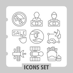 Helmet ban, sale pointer, satellite simple icons set depicting business, shopping and lifestyle items in outline style for apps and print on white background. Set of nine thin line icons.