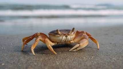 A single crab scuttles sideways across wet sand on a beach with ocean waves in the background