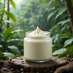 열대우림 배경에 흰색 크림이 든 유리병. 천연 크림 컨셉