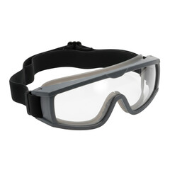 Clear Lens Gray Plastic Safety Goggles with Black Elastic Strap isolated PNG with Transparent Background