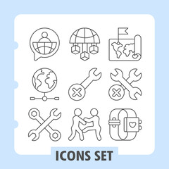 World bubble, planet network, wrenches simple icons set depicting repair tools, global and sports items in outline style for apps and print on white background. Set of nine thin line icons.